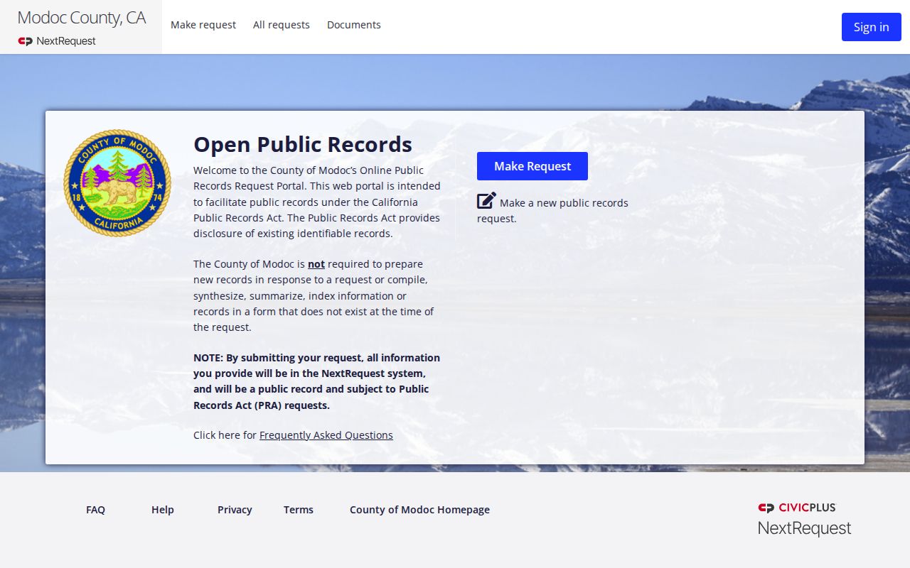 Modoc County booking record request portal for busted mugshots
